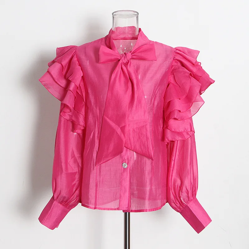 new arrival ladies blouse sashes collar falbala organza blouse for women