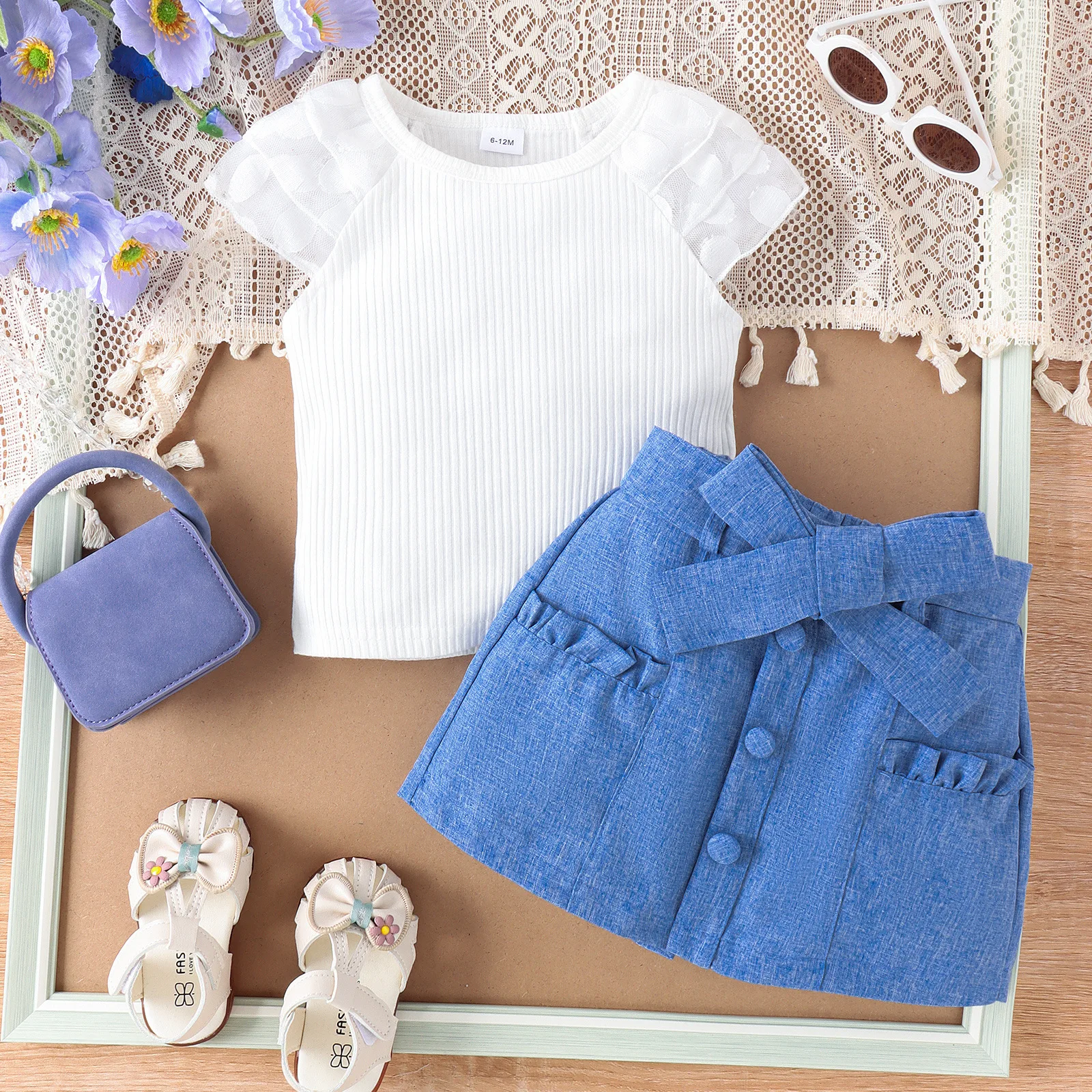 Kids Wholesale Clothing New Fashion Lace Short Sleeve Top Solid Color Bow Skirt Baby Girls clothing sets