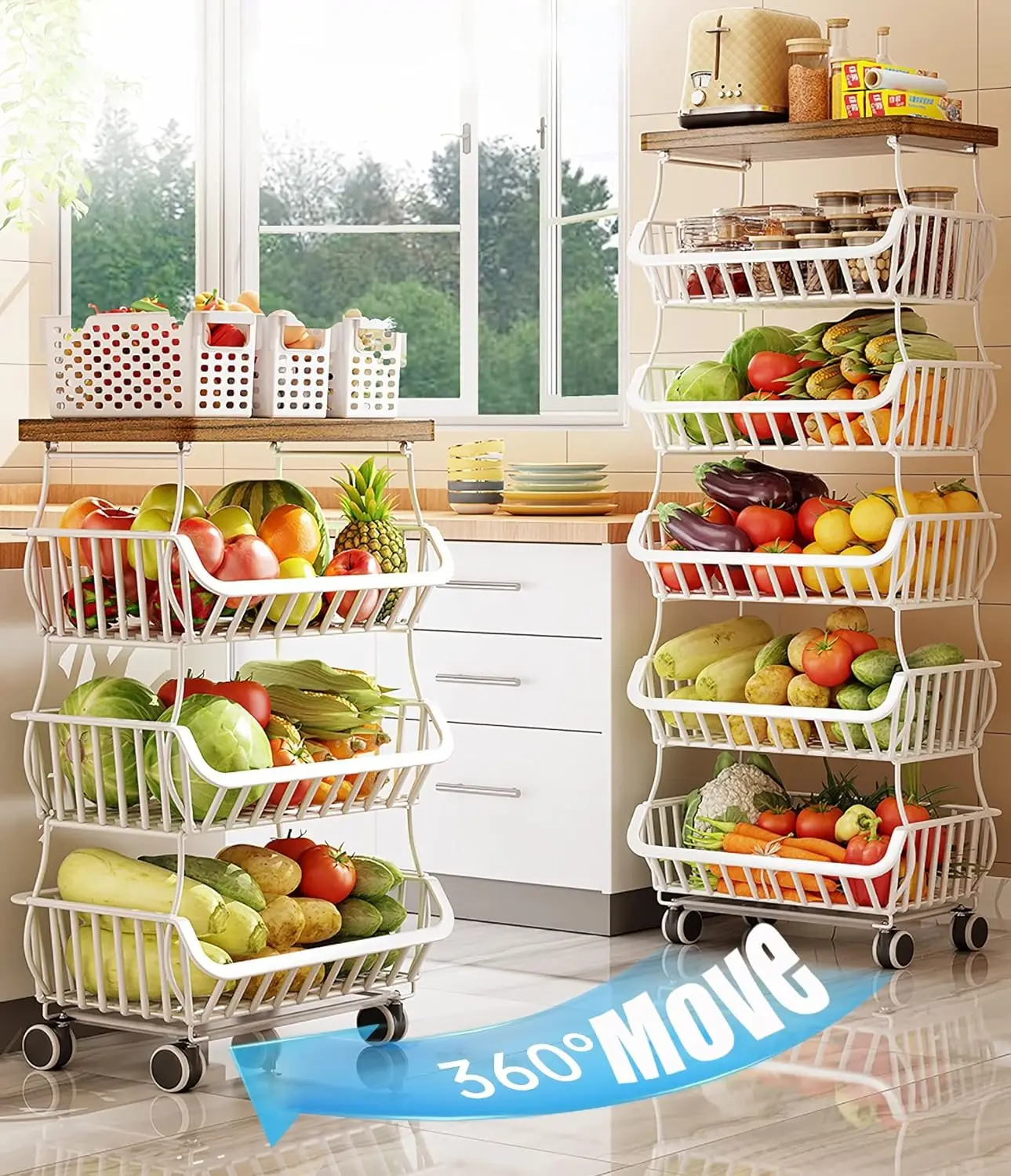 Fruit Vegetable Storage Basket,5 Tier Stackable Wire Storage Baskets with Wheels,Produce Basket Organizer Bins for Kitchen