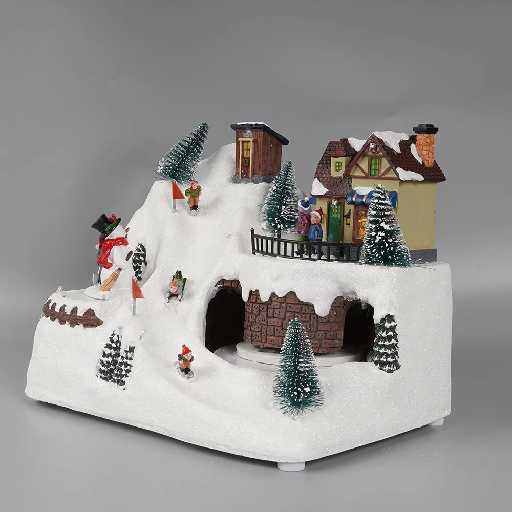 Wholesale noel 8 songs Led lighted Xmas mountain scene musical animated Christmas village with rotating train and Santa