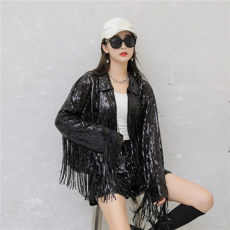wholesale gold tassel hip hop Jazz Dance Costume coat varsity cropped fringed custom Sequin blazer bomber Jacket for women