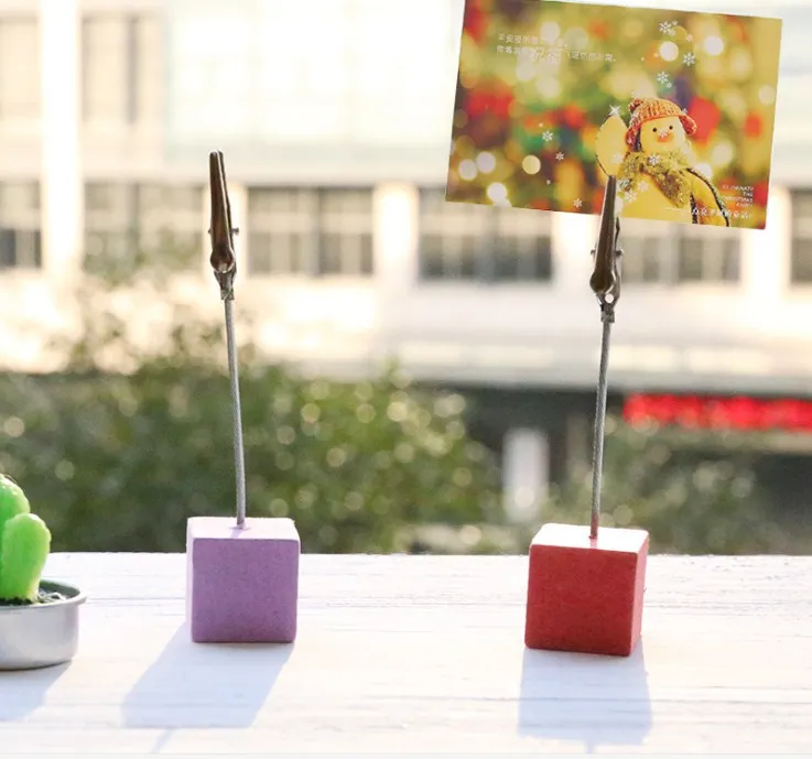 Custom LOGO desktop Cube Resin Base Stainless Steel Wire Card Note Holder Photo Holder Memo Clip