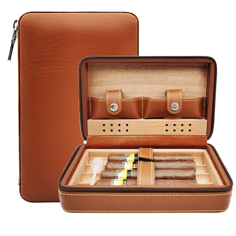 Custom Personalised Luxury Smoking Accessories Wood Pu Leather Customized Cigars Accessories Humidors Travel Leather Cigar Case
