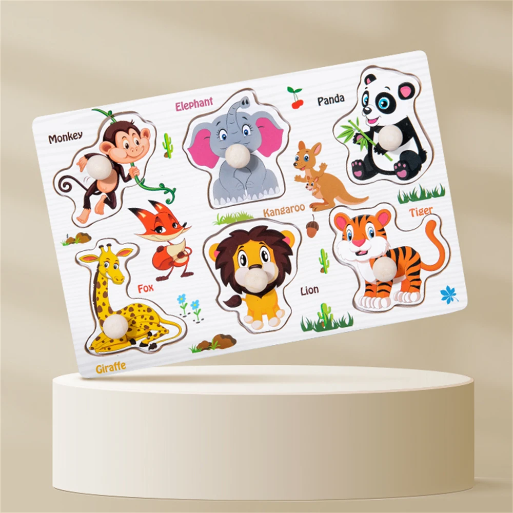 Hot Sale Montessori Educational Children Cartoon Animal Alphabet Fruit Topic Jigsaw Board DIY Hand Grab Wooden Peg Puzzle Toys