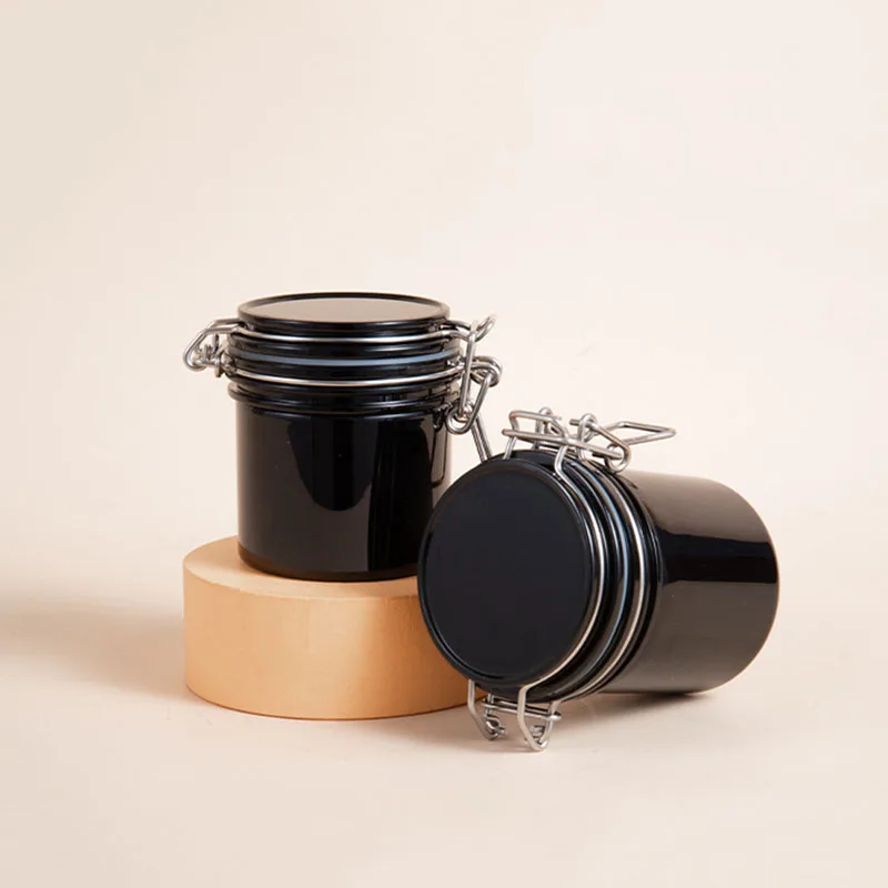 Spot 200ml Round Black Plastic Bottle Metal Buckle Leak-proof Sealed Jar Small Portable Mask Cream Packaging Bottle YGH1118