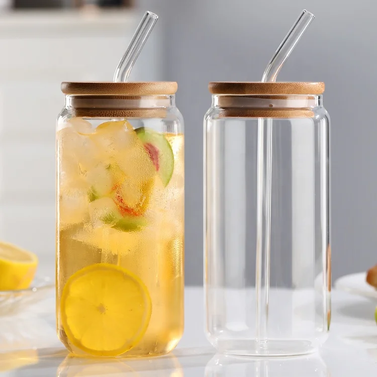 Environmental Friendly Heat Resistant Transparent Glass Beer Can Cup With Bamboo Lid And Straw