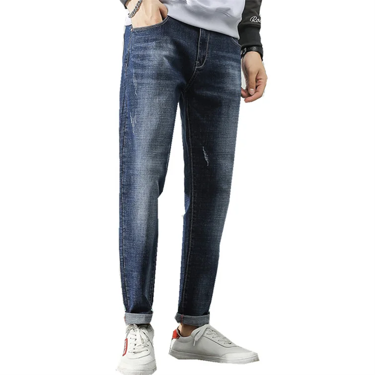 Oem Top Quality Men Blank Plain Blue Wholesale Ykk Zipper Jeans Trousers