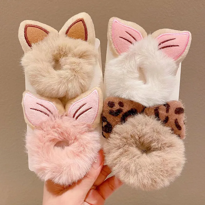 New Arrival Cartoon Cat Ears Plush Scrunchie High Ponytail Rubber Band Hair Ties Fur Hair Accessories For Girls