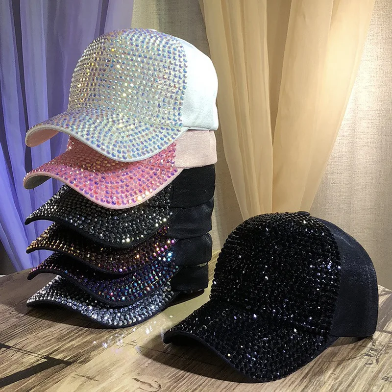 DATOU wholesale korean style AB rhinestone fashion sun cap sunscreen adjustable, logo customised crystal style baseball hat