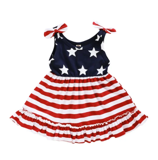
Wholesale Kids Boutique 4th of July Dress Star Printed Girls Summer Sleeveless Patriotic Children Dress Clothing Casual Bag Bow 
