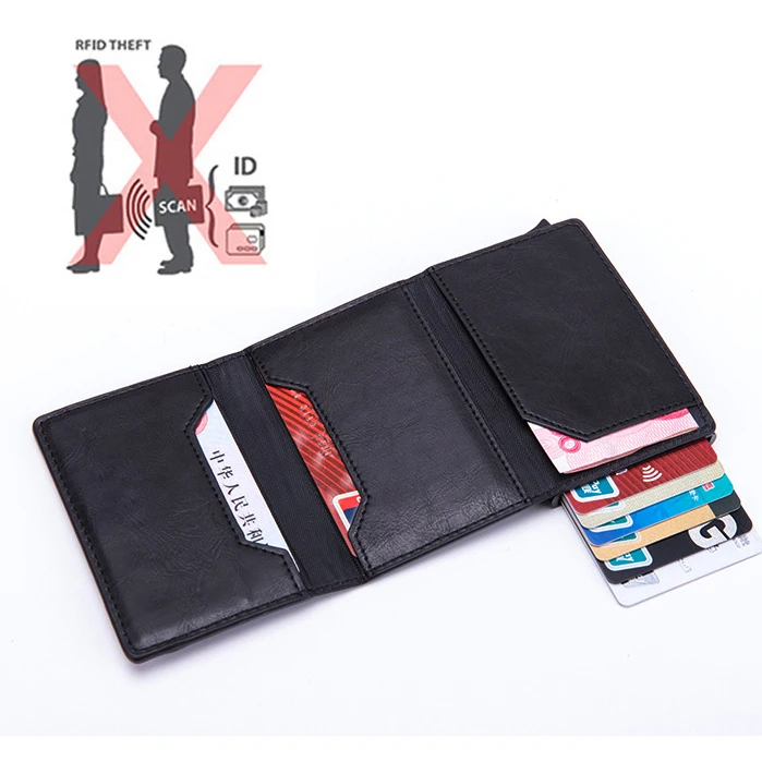 Slim PU Leather Magnet Close Pop up RFID Blocking Aluminium Zippered Wallet