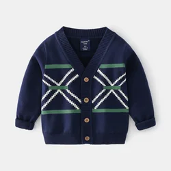 Wholesale Autumn Argyle Printed Baby Boy Cardigan V Neck Long Sleeve Kids Knit Sweater