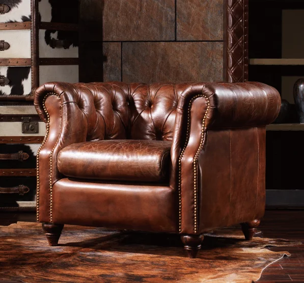 luxury antique classic retro Faux Leather Lounge Chair leather cigar sofa for Living Room Reception old fashion armchair