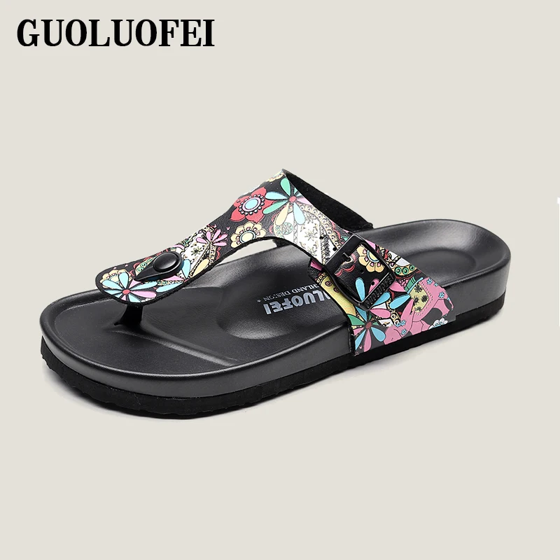 Summer PU leather cork slipper sandals womens fashion flat flip flops for outdoor