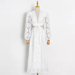 Plus Size Long Sleeve Lace Cotton Embroidered Pleated Woman Layers Beach Cocktail Evening Dress Oem Wholesale