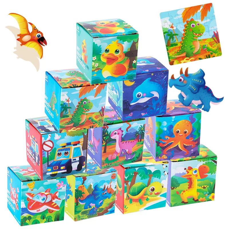 24pcs Montessori Classic Carton Wood Jigsaw Puzzle Early Educational Initiation Baby Kids DIY Puzzles Toys For Boys & Girls Gift