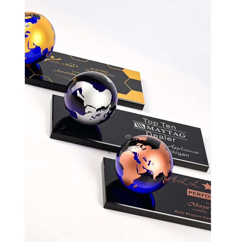 Jadevertu  K9 crystal globe ball award trofeos crystal plaque award glass plaque custom award desk decoration gift