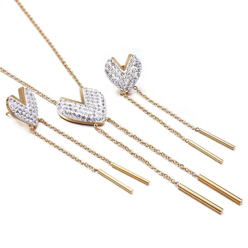 Heart Tassel Necklace Earring Jewelry Set Stainless Steel Women Engagement Wedding Jewelry Set Bands Gift