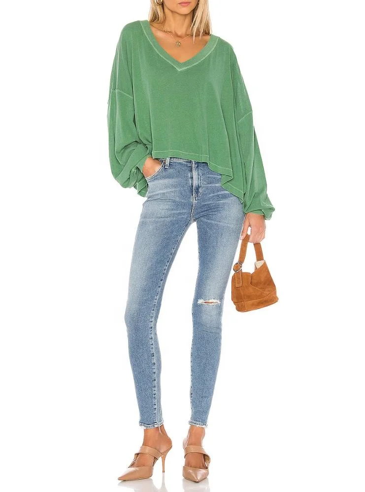 custom ladies causal top v neck drop shoulder women long sleeve loose thick cotton t shirt