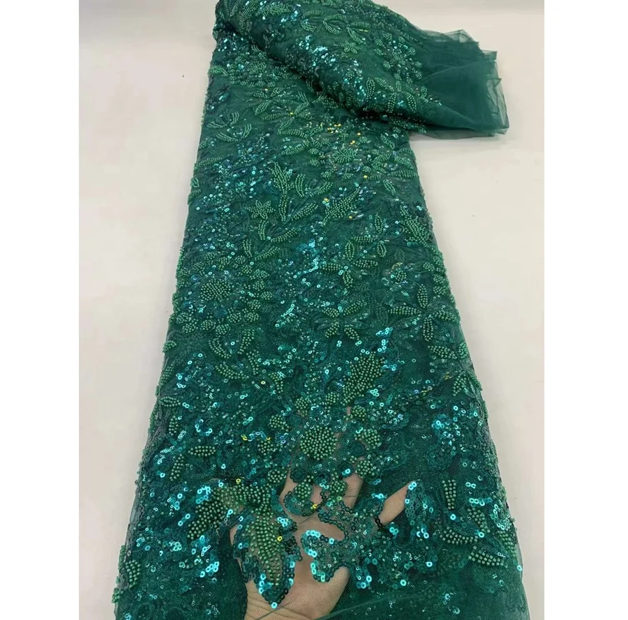 French Lace with Sequins  Beads African  Fabric Lace Wedding Dress High Quality Lace Fabric With Beads And Pearl