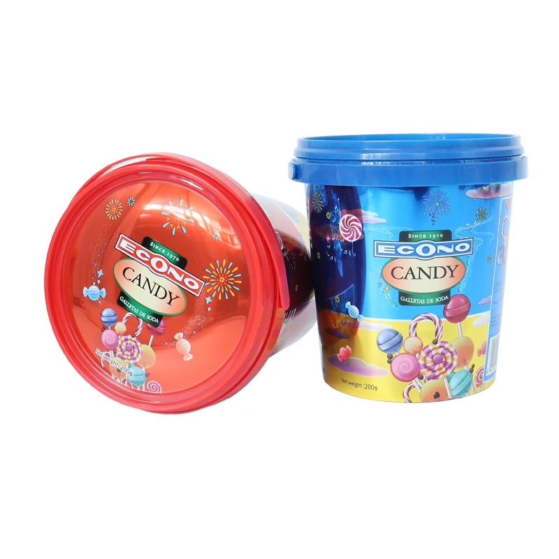 Custom round Plastic Bucket with Lid and Handle Printed Logo in Color for Candy Food Packaging for Paint and Oil Usage