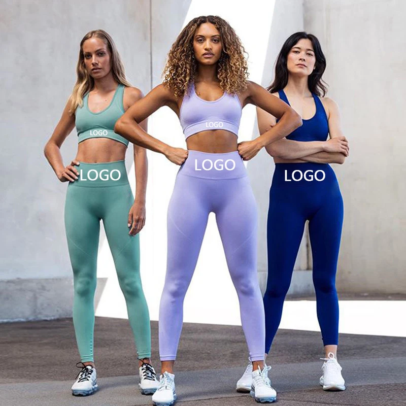 Two Piece Women Yoga Suit Seamless Yoga Bra Gym Fitness High Waist Leggings Ribbed Activewear Crop Tops Yoga Set