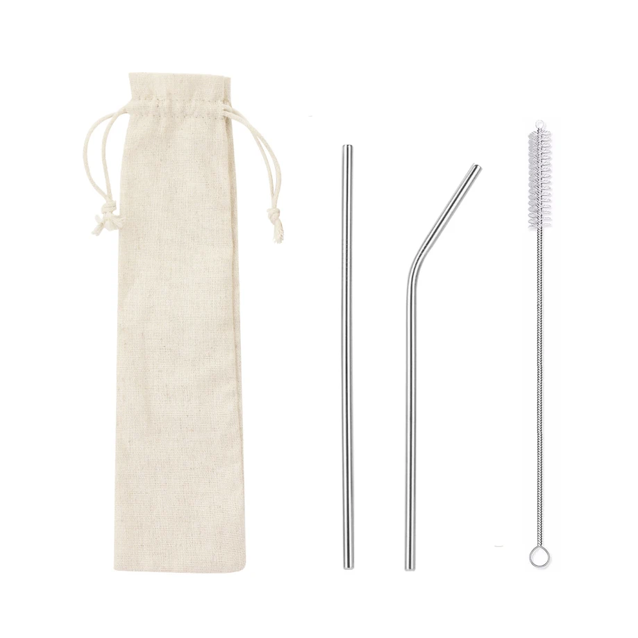 
High Quality Reusable Stainless Steel 304 Straws set, Metal Drinking Straws with Cleaning Brush 