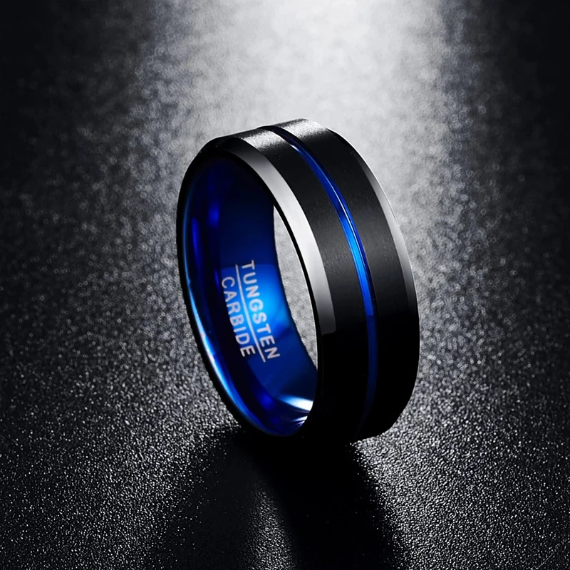 Mens Tungsten Ring Wedding Band 6mm 8mm 10mm Engraved Thin Blue Centre Comfort Fit Size Stepped Beveled Edges Ring Tungsten Ring