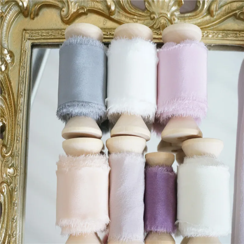20mm-80mm pure silk crepe habotai frayed edged ribbon hand made for wedding packgaed ribbon