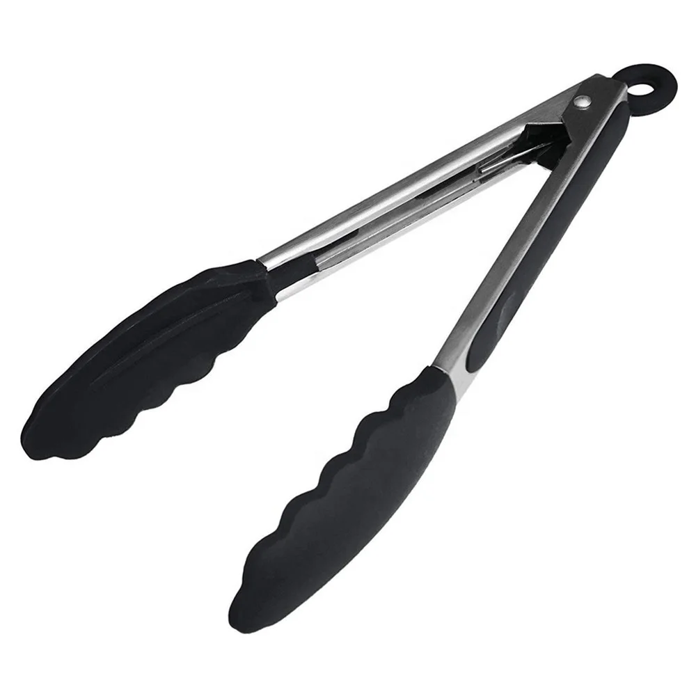 2 Pack Black kitchen tongs, Silicone BPA Free Non-Stick Stainless Steel BBQ Cooking Grilling Locking Food Tongs 9 Inch & 12 Inch