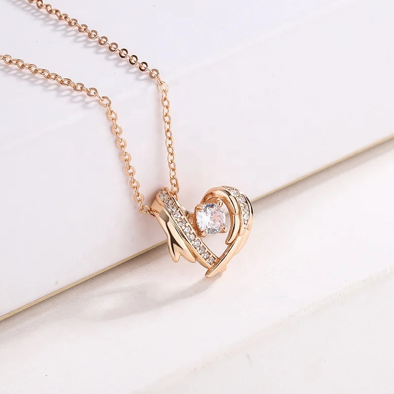 New Design Angel Wings S925 Silver Heart Necklace Versatile Clavicular Chain Rose Gold Love Pendant
