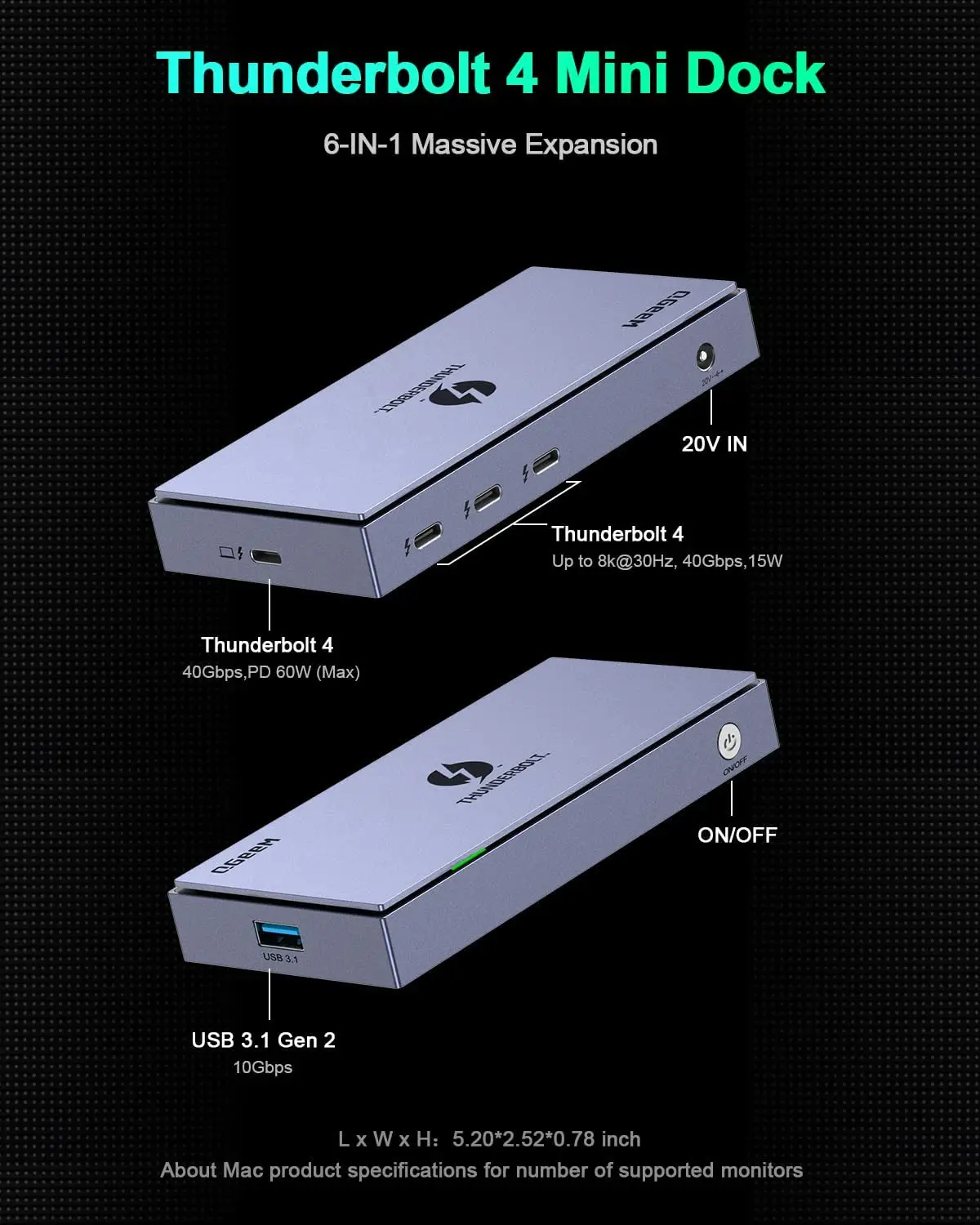 Док-станция Thunderbolt док-станция QGeeM 4 Mini с одним дисплеем 8k Dual 4K максимальная мощность 60 Вт