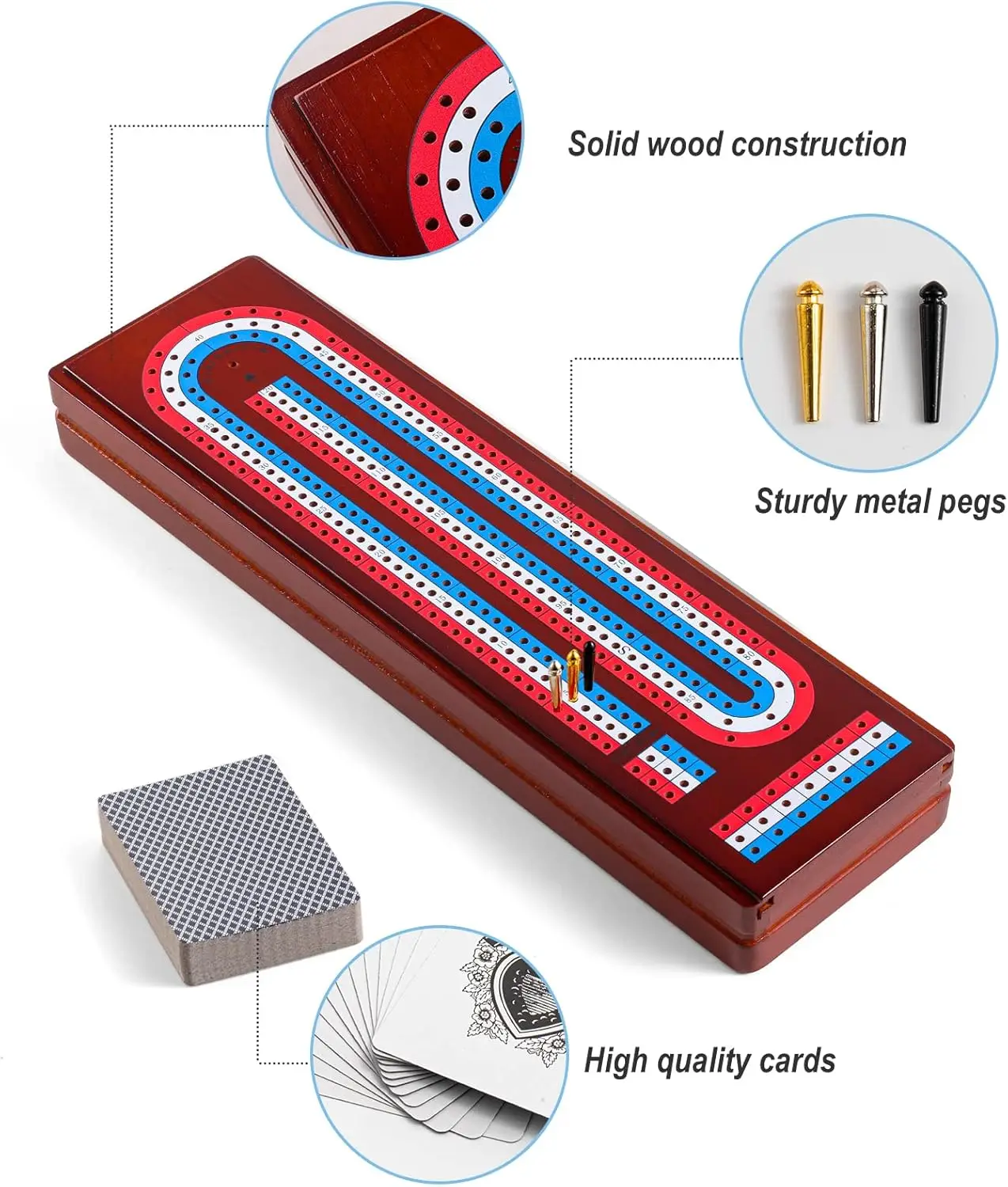 Cribbage Board Game Set with Large Storage - Solid Wood 3-Track Board, 9 Metal Pegs, 2 Decks of Cards for Game Night & Travel