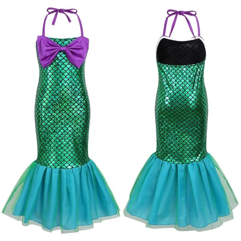 Kids Girls Adjustable Halter Glossy Fish Scales Printed Mermaid Dress Halloween Dress Up Cosplay Costume