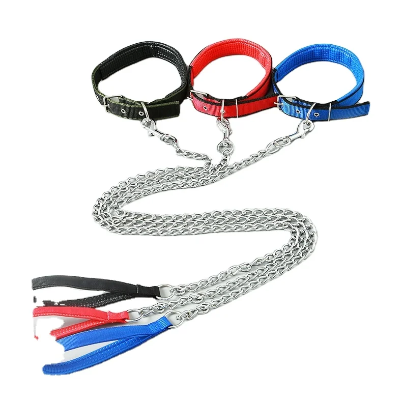 Dropshipping High quality Pet Steel Chain Heavy duty Tactical Dog Leash and Nylon Collars set for Medium Large Dog
