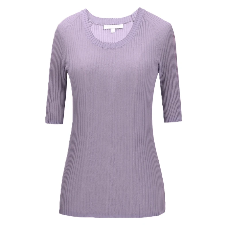 Ribbed fabric elastic see-through O-neck short-sleeved T-shirt purple
