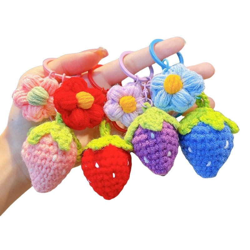 Handmade Strawberry crochet keychain  amigurumi crochet toys flower Knitted Strawberry Hanging Ornament accessories Charms Decor