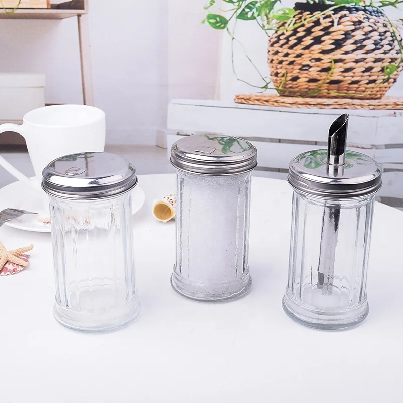 
Retro Sugar Shakers, 12 oz - Glass Dispensers & Stainless Steel Lid with Pour Flap Spout 