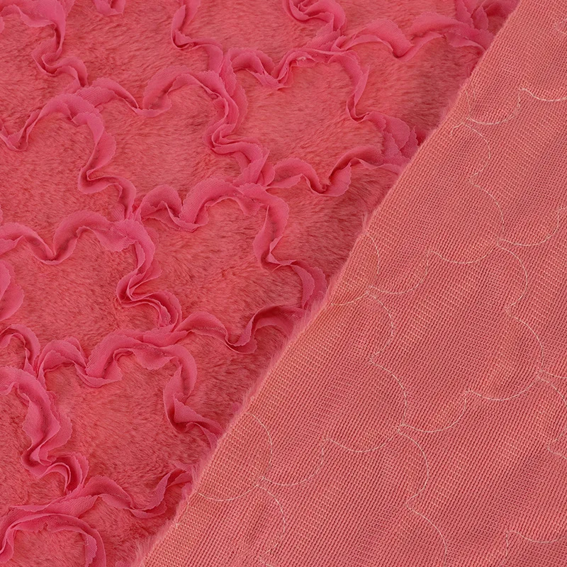 Soft Solid Bright Color Plush Rabbit Faux Fur With Embroidered Ribbon Pattern Fabric For Fashion Garment