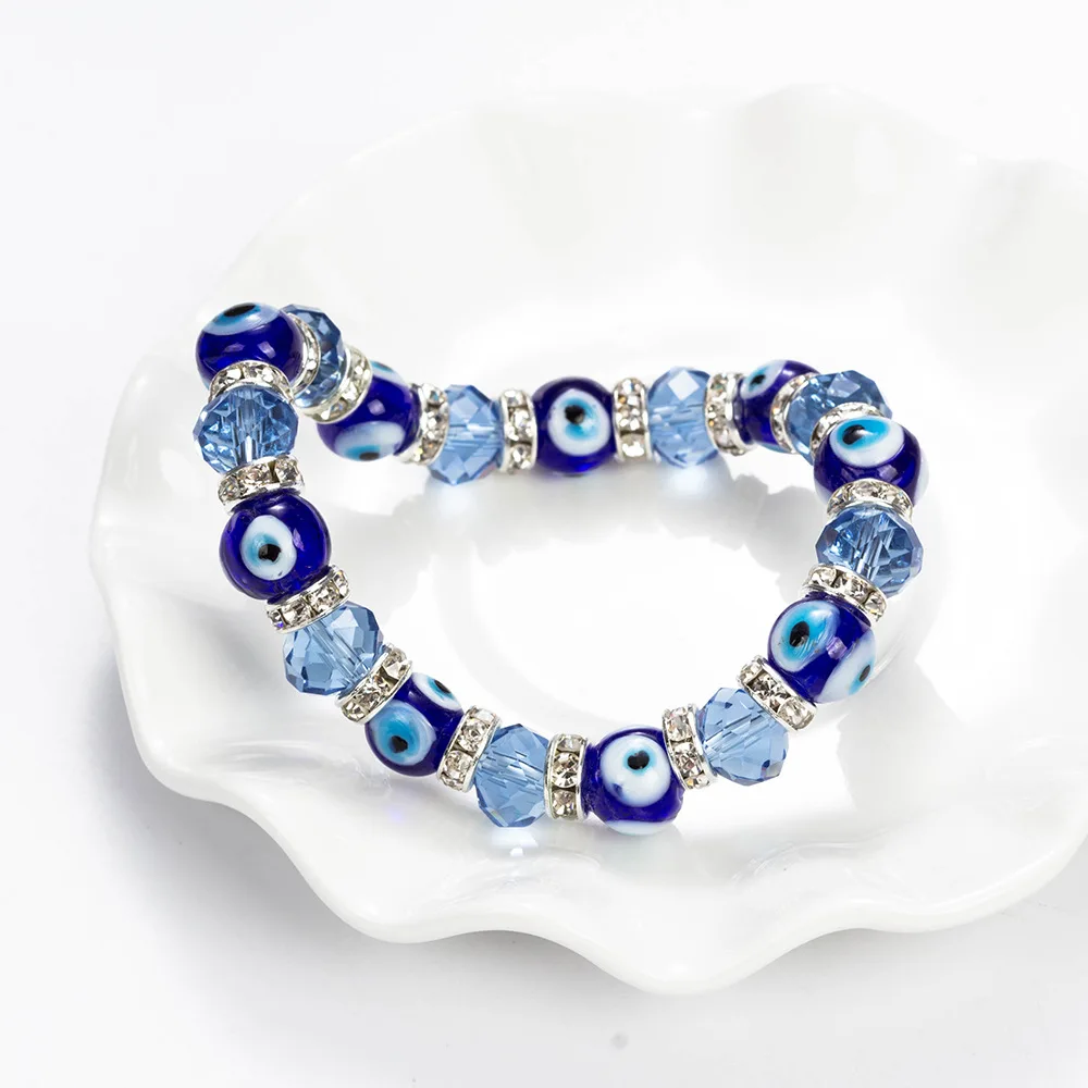 Best Selling Wholesale Rhinestone Loop Glass Blue Turkish Beaded Evil Eye Bracelet For Women