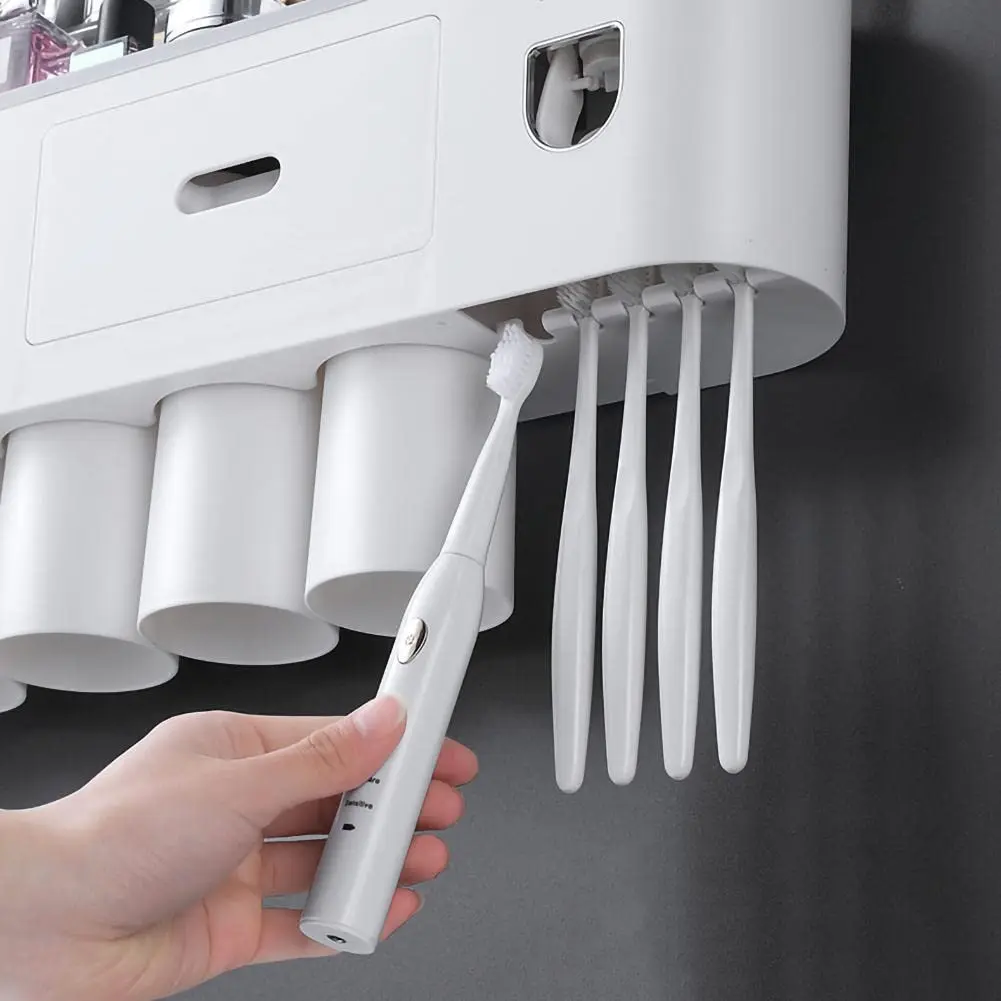 Wall Mount Tooth Brush Holders Toothpaste Dispenser With White Plastic Box Toothbrush Holders For Bathrooms Set