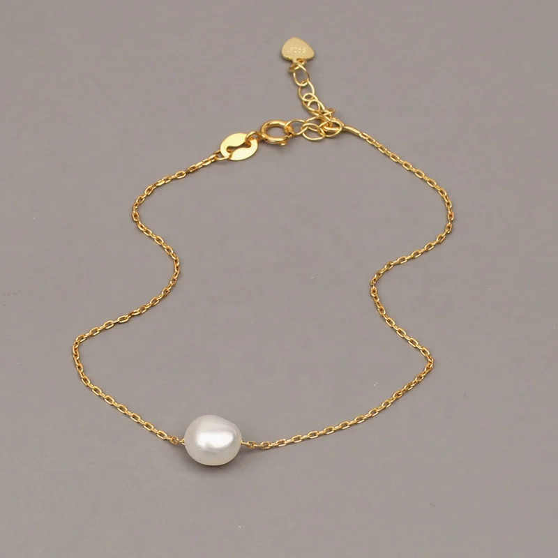 Solid 925 silver 18 k gold plated chain AAA baroque natural white real pearl bracelet women