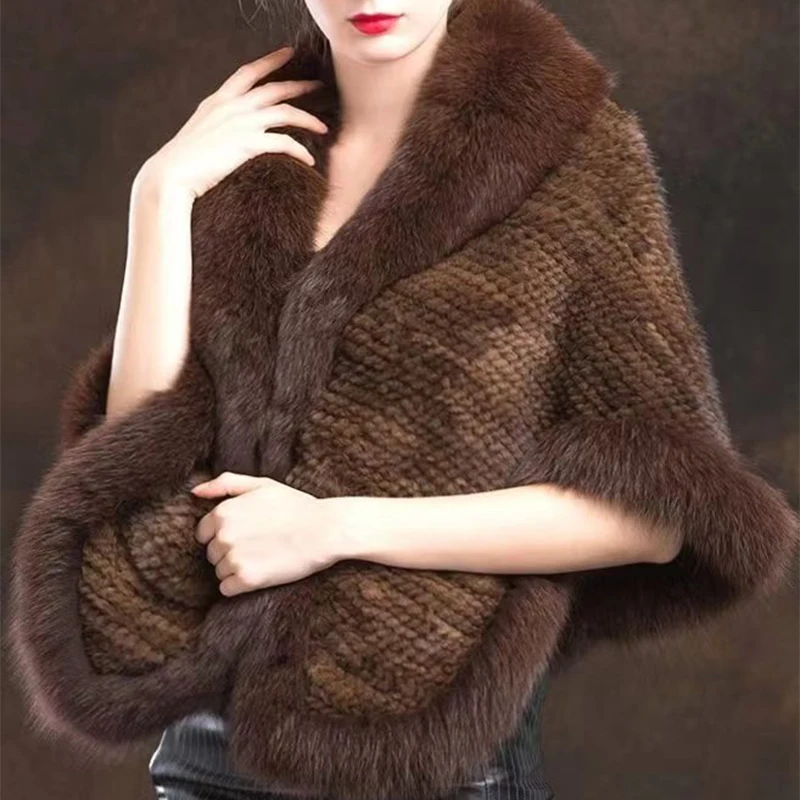 2023 autumn winter authentic mink fur shawl with long fox fur collar with front pocket luxury hand knitted mink fur ponchos