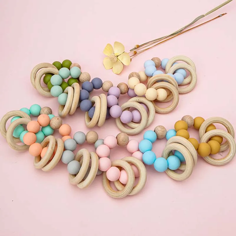 Mumlove Wholesale Wooden Baby Teething Toy Soft Bpa Free Food Grade Wooden Ring Silicone Beads Baby Teether