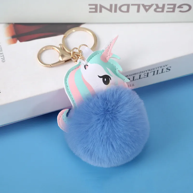 Custom Rabbit Furs Ball Key Chain Pompom Fluffy Fur Unicorn Keychains For Girls