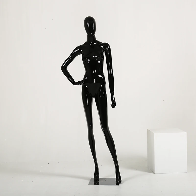 Fashion Style Of Smiling Full Body With Head Gloss Black Female Fiberglass Mannequin