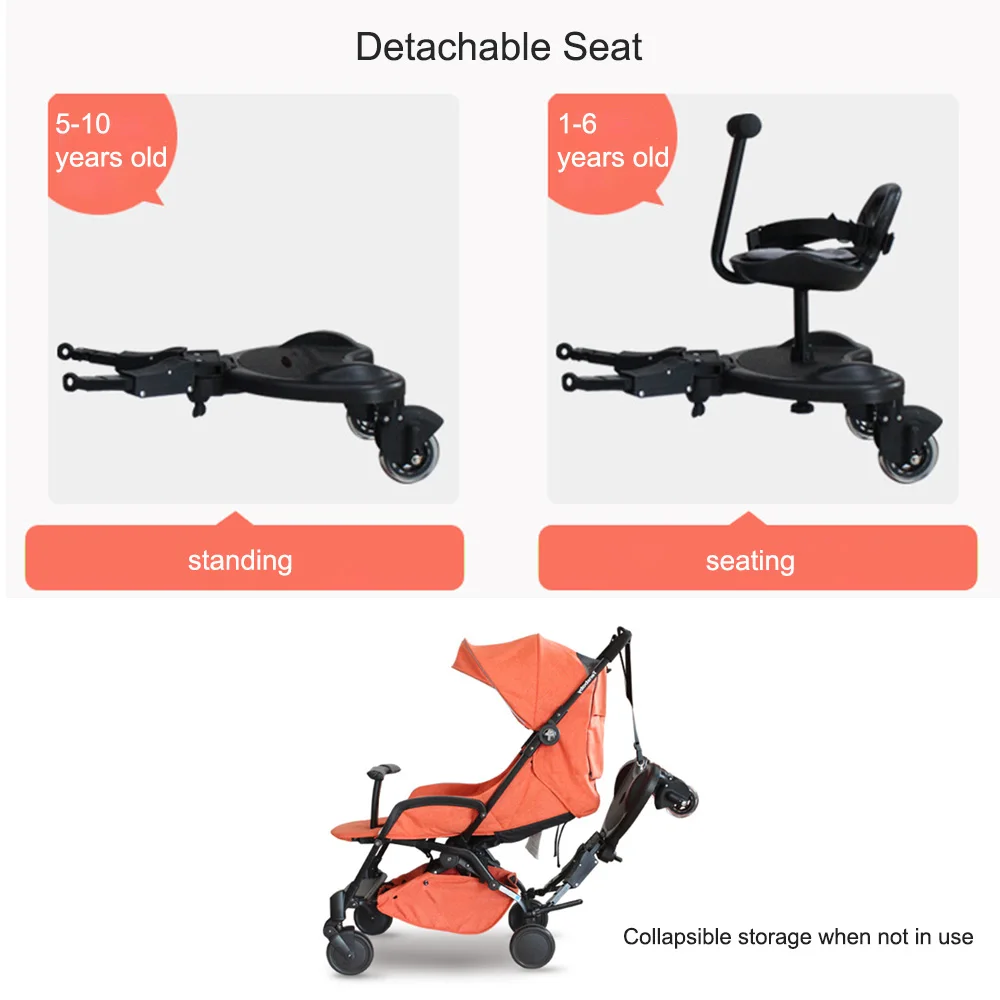 Adjustable 2-in-1 Detachable Seat Kids 3 Years Old Foldable 20kg Load Capacity Universal ABS Buggy Board For Baby Strollers