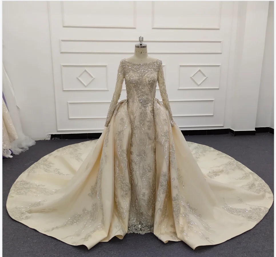2021 new collection fancy luxury full sleeves sheath bridal gowns with long detachable train champagne wedding dresses