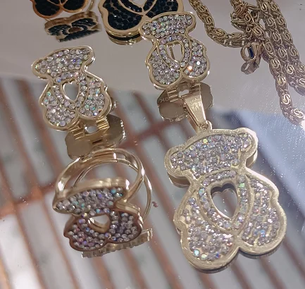 18 K Gold Plating Diamond Heart Bear Stainless Steel Jewelry Set for Woman with Finger chain