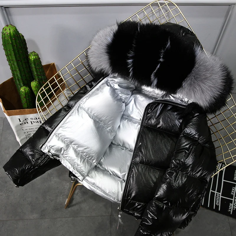 Winter Women Reversible Glossy Gold Silver Boxy Crop Parka Puff Jacket Ladies Short Fox Fur Collar Bubble Down Coats